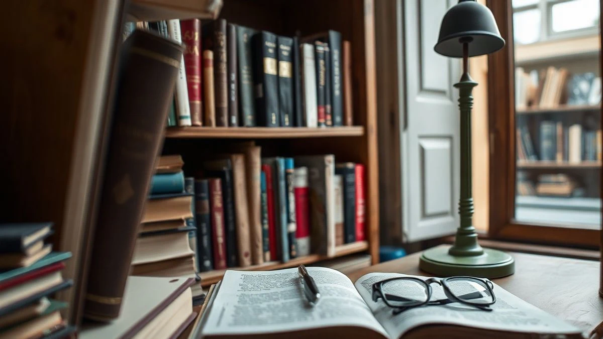 Illustrative image: detail of a wooden bookshelf with books in a library, with a reading lamp on a table.