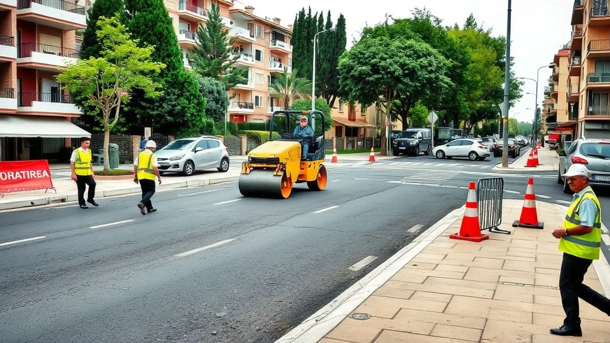Illustrative image: road resurfacing works on an urban street with cones and signage, no recognizable people.