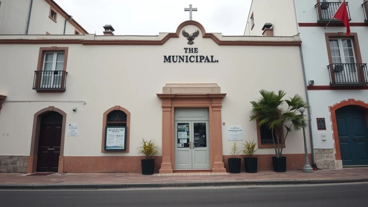 Imagen ilustrativa: fachada de un edificio municipal con un tablón de anuncios a la entrada.