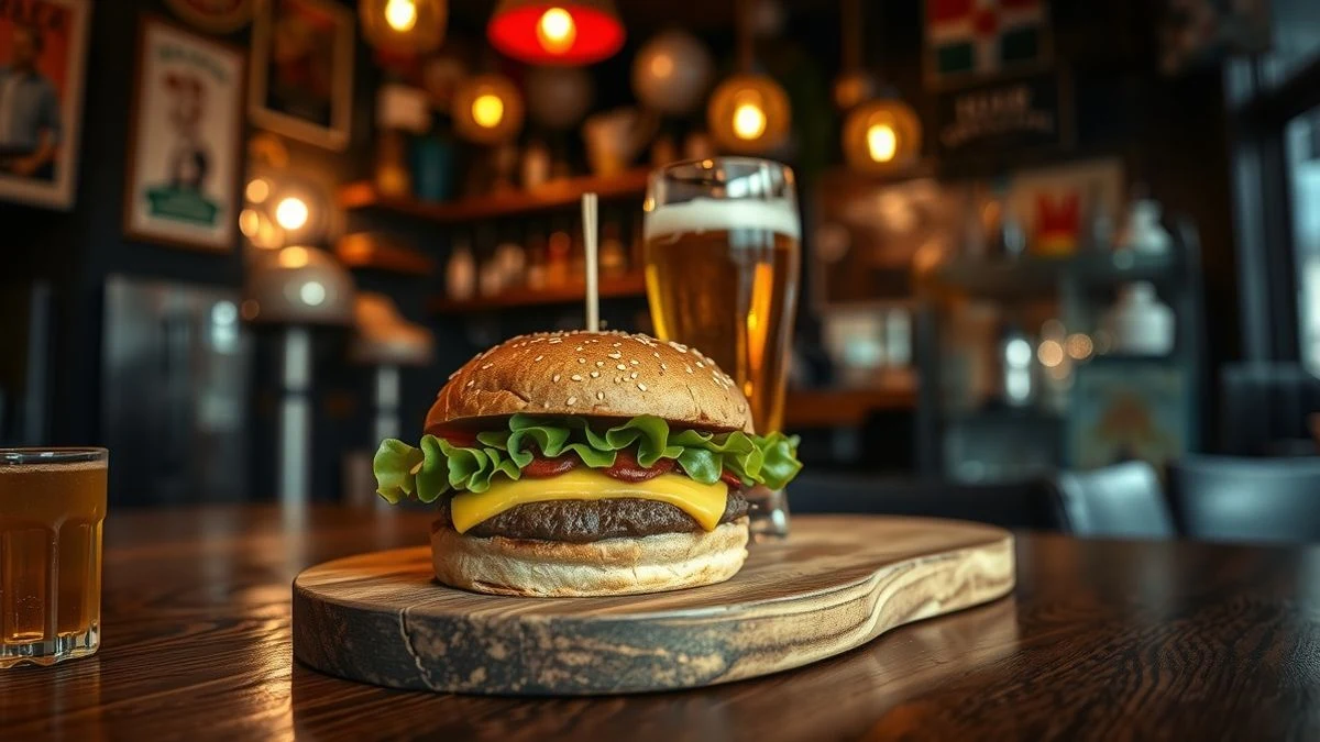 Imagen ilustrativa: una hamburguesa artesanal sobre tabla de madera en un bar, con fondo desenfocado