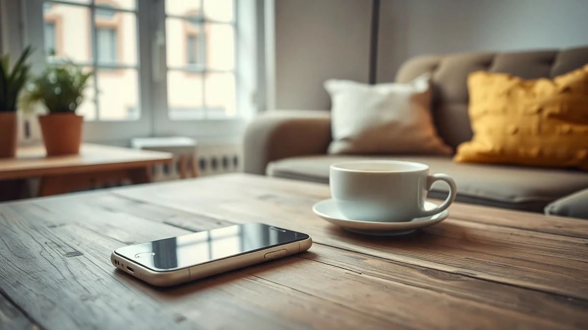 Imagen ilustrativa: un teléfono móvil sobre una mesa de madera en un salón, junto a una taza de café, con luz natural.
