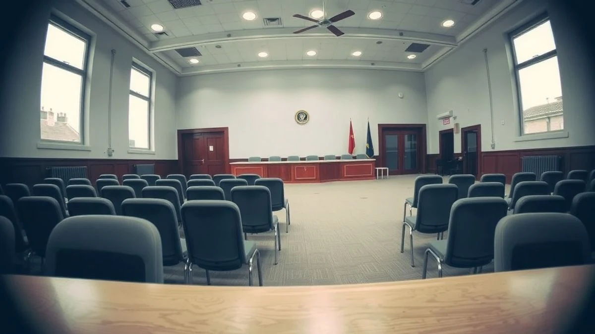 Illustrative image: empty town hall plenary room with chairs and presidential table, natural light from windows.