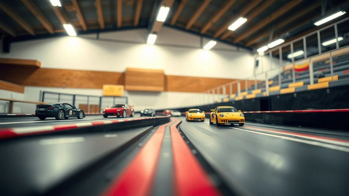 Imagen ilustrativa: primer plano de un circuito de coches de slot con varios coches de colores en los carriles, dentro de un pabellón deportivo.