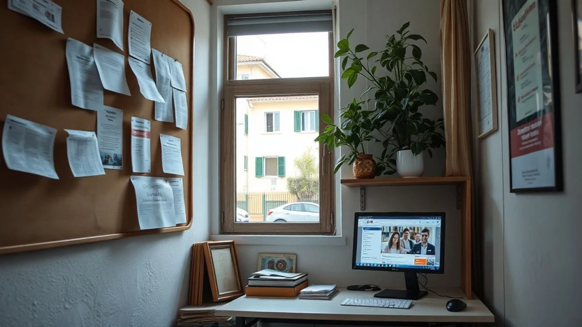 Illustrative image: a job notice board in an office with side window light