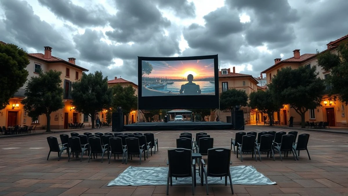 Illustrative image: outdoor cinema screen in a village square, with empty chairs in front.