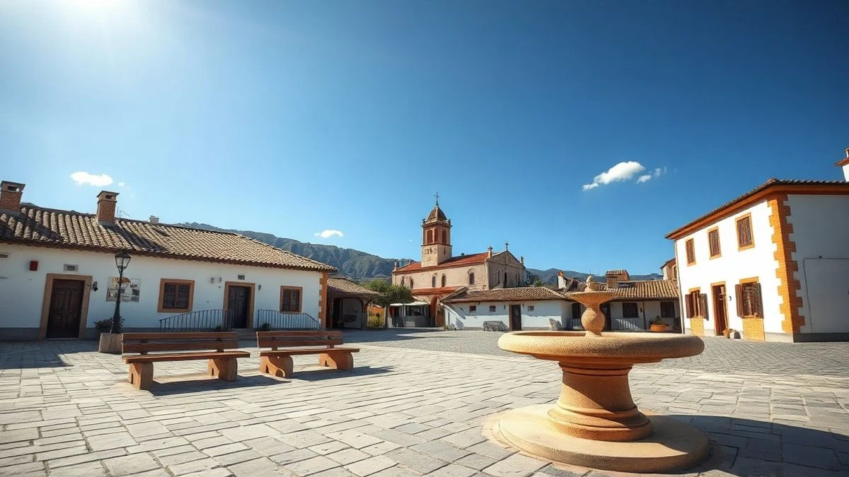 Imagen ilustrativa: plaza de un pueblo serrano con una fuente seca y casas bajas bajo un cielo despejado