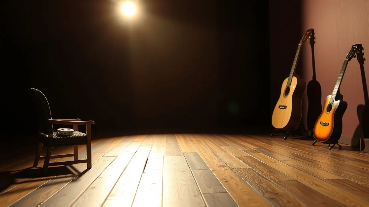 Imagen ilustrativa: un escenario vacío con un foco de luz cálida sobre el suelo de madera, castañuelas sobre una silla y una guitarra al fondo.