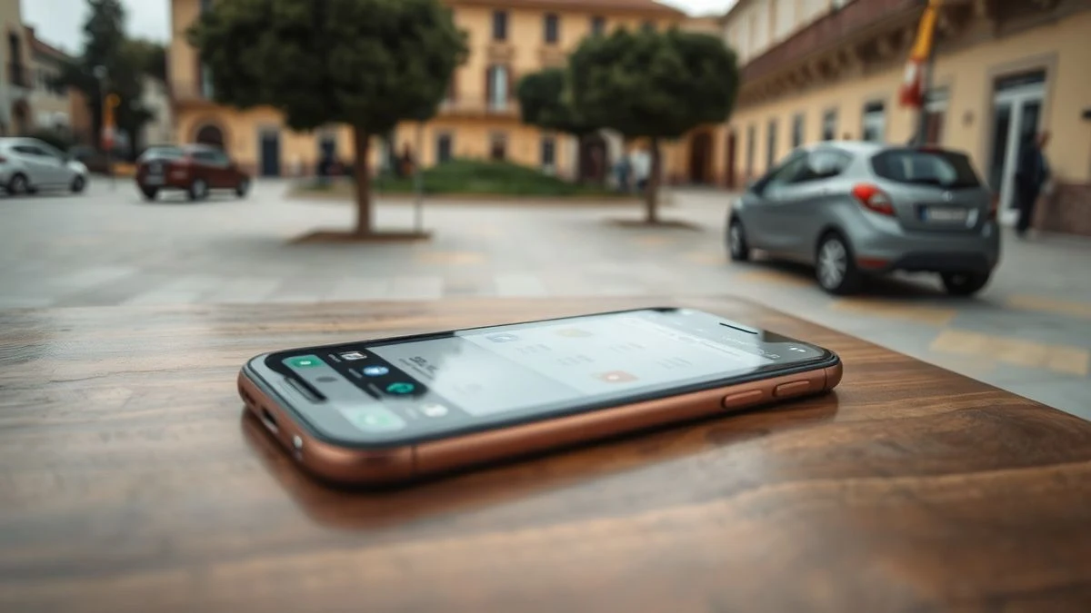 Imagen ilustrativa: un teléfono móvil sobre una mesa de madera con la pantalla encendida mostrando una interfaz genérica de agenda y avisos, con una plaza de pueblo desenfocada al fondo.