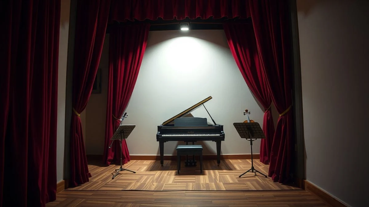 Imagen ilustrativa: escenario teatral vacío con piano y violín bajo un foco de luz