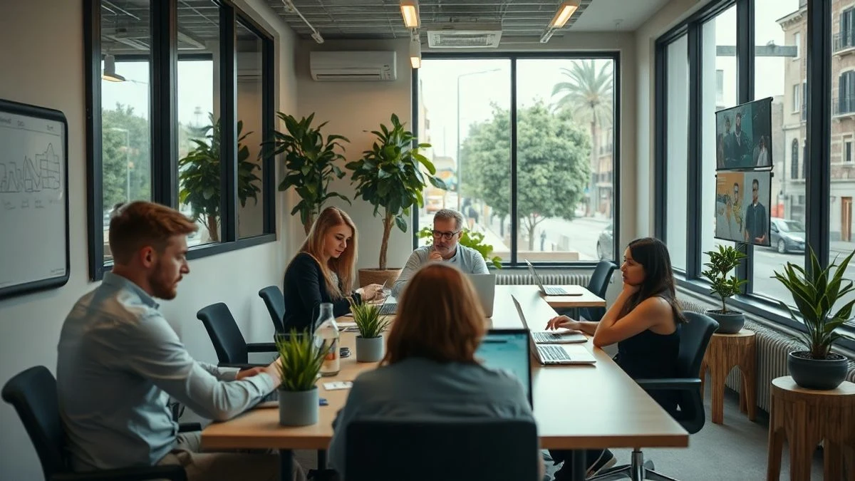 Illustrative image: modern coworking space with people working on laptops and a board with diagrams.