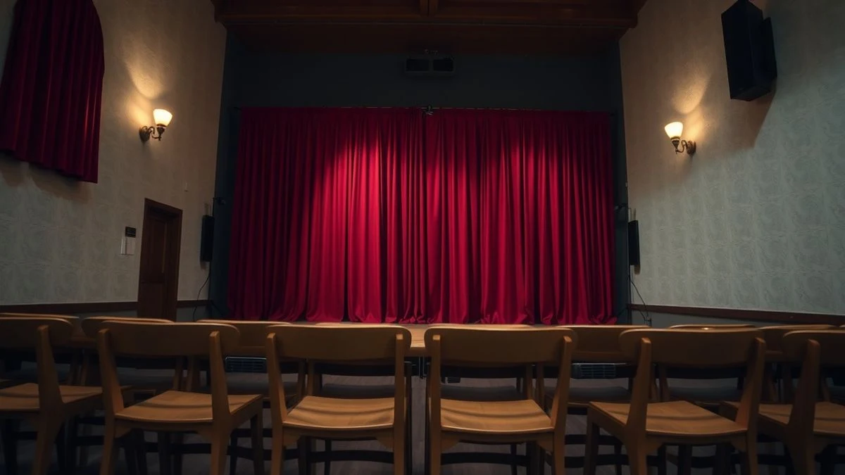 Imagen ilustrativa: interior de un pequeño teatro con el escenario preparado y butacas vacías.