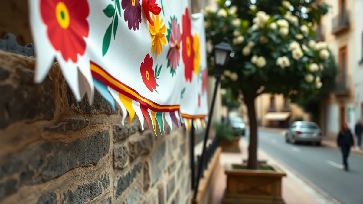 Imagen ilustrativa: detalle de guirnaldas y flores de papel decorando una calle de pueblo para unas fiestas patronales.