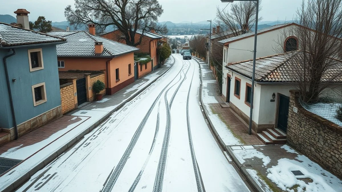Imagen ilustrativa: vista aérea de una calle de un pueblo con nieve y huellas, sin personas.