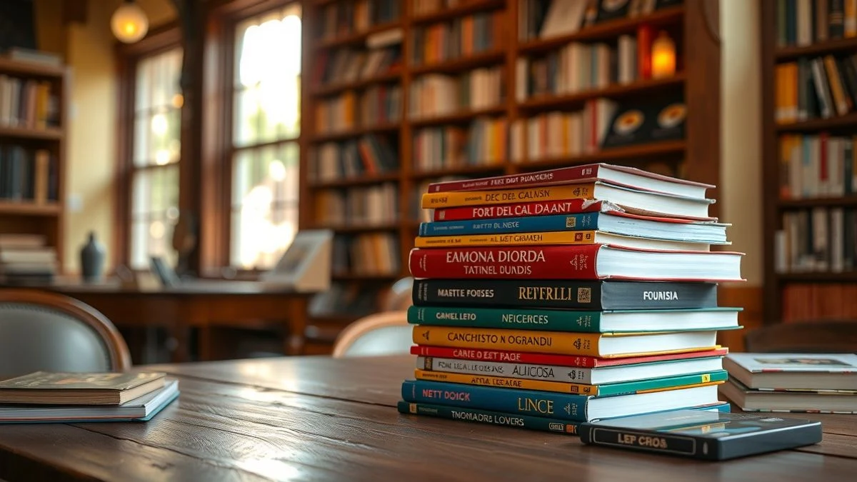 Imagen ilustrativa: una pila de libros variados sobre una mesa de madera en una biblioteca acogedora, con luz cálida y algunos cómics y películas al lado.