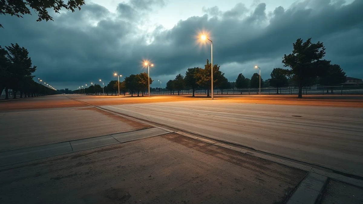 Imagen ilustrativa: explanada vacía con nuevas farolas LED encendidas al anochecer