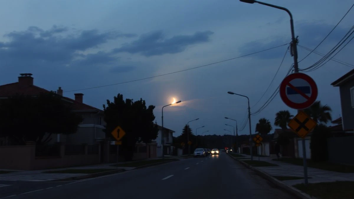 Imagen ilustrativa: una calle española al atardecer con el cielo oscurecido y un sol en forma de media luna en el horizonte.