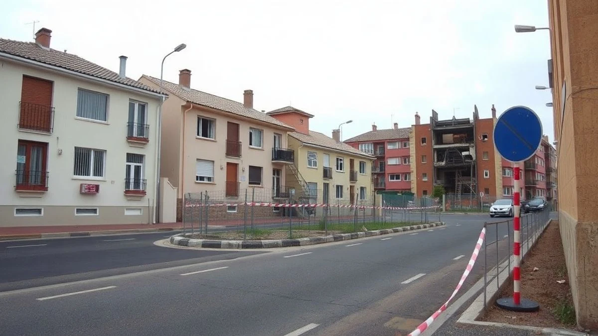 Imagen ilustrativa: calle residencial con zona acordonada y edificio en demolición al fondo, en un día nublado.