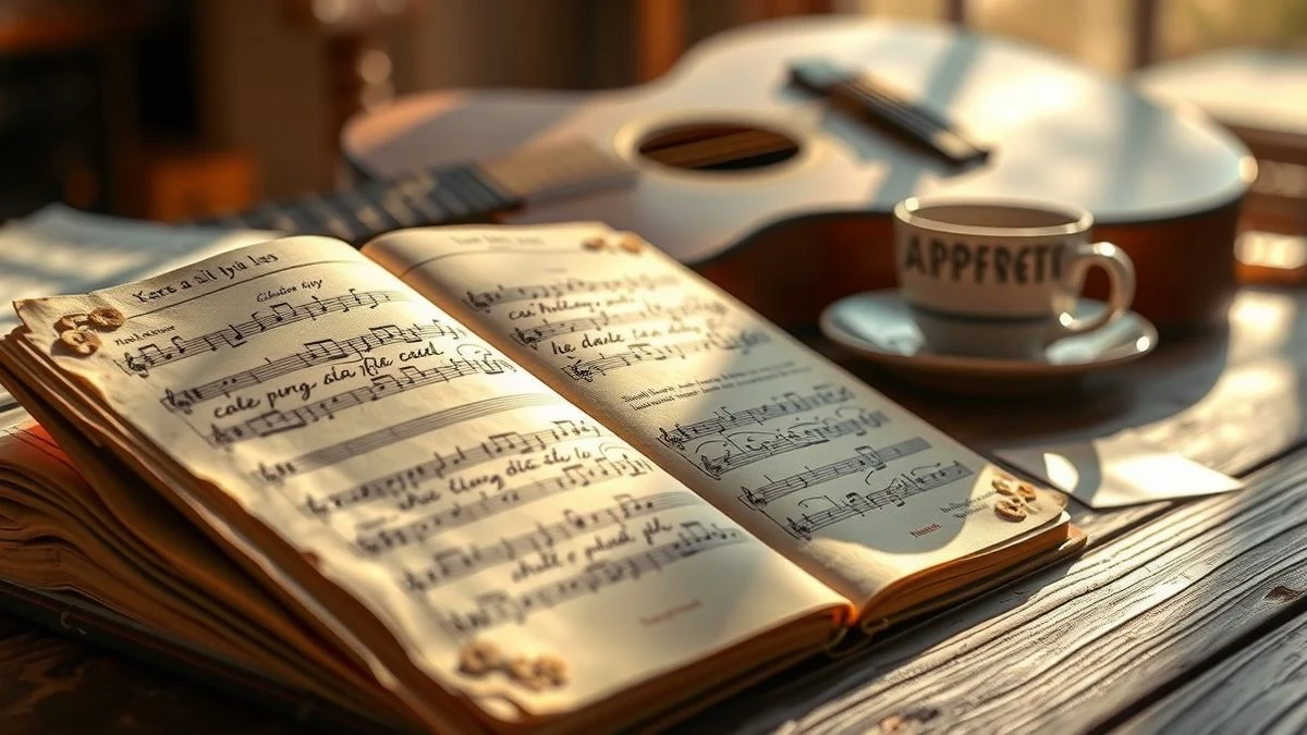 Imagen ilustrativa: un cancionero tradicional abierto sobre una mesa de madera, con una guitarra y una taza de café al fondo.