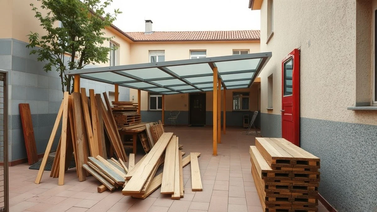 Imagen ilustrativa: patio de un colegio español con obras de mejora y materiales de construcción apilados