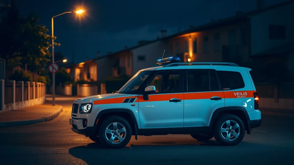 Illustrative image: an emergency SUV parked on a street at night, under a streetlight, with no visible markings.