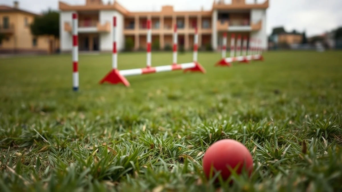 Imagen ilustrativa: un circuito de adiestramiento canino vacío con un balón rojo sobre el césped