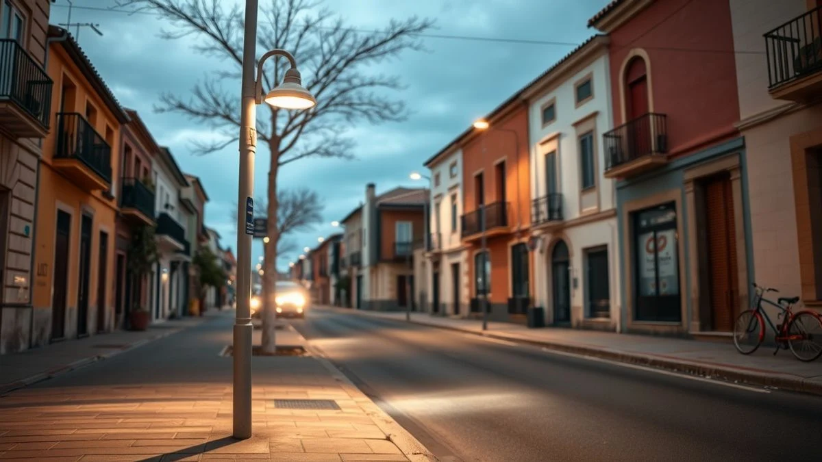 Imagen ilustrativa: una farola LED moderna encendida en una calle de un pueblo español al atardecer, con un ligero desenfoque del fondo.
