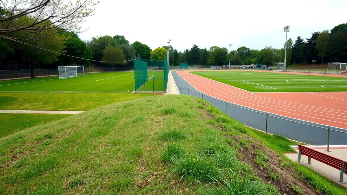 Illustrative image: empty athletics track and football field of a municipal sports complex with natural grass under a cloudy sky.