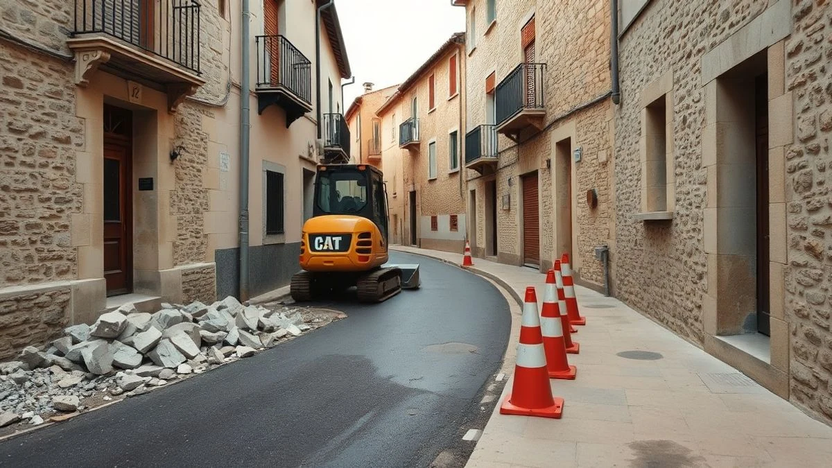 Imagen ilustrativa: calle de pueblo en obras con maquinaria y materiales de construcción
