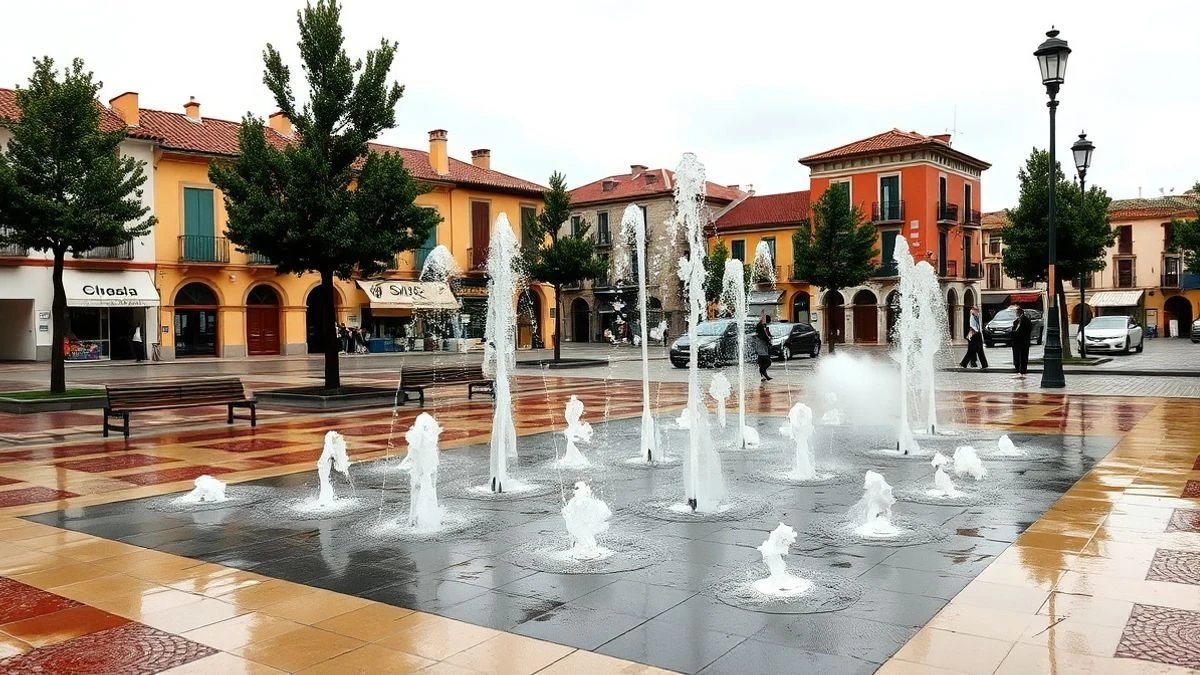 Imagen ilustrativa: una zona de juegos de agua con chorros emergentes en una plaza urbana, con pavimento mojado y árboles alrededor