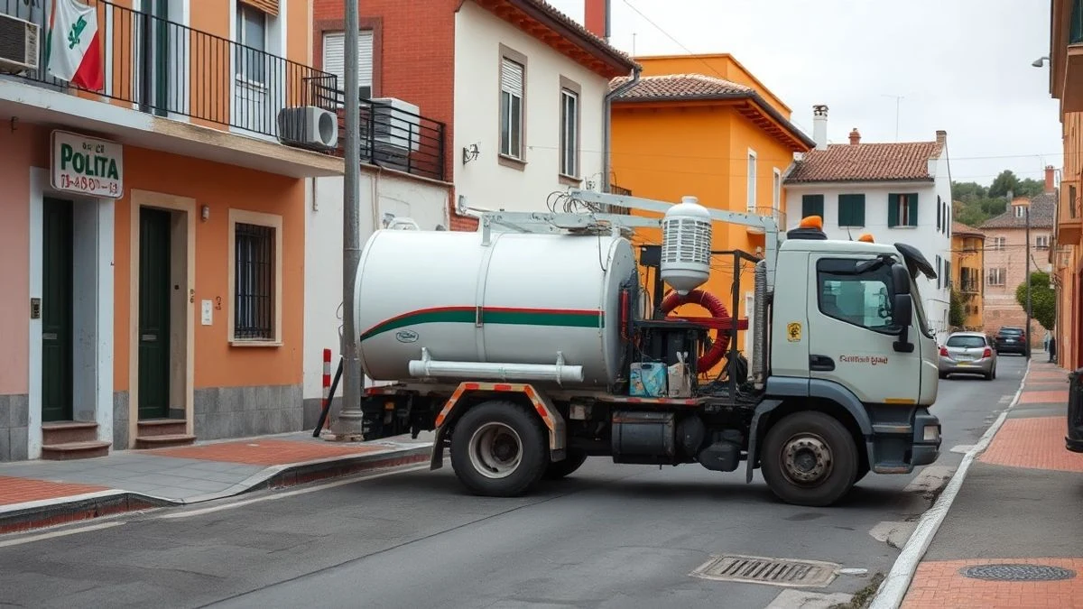 Imagen ilustrativa: calle residencial con un vehículo de servicio de agua y una arqueta abierta en obras.