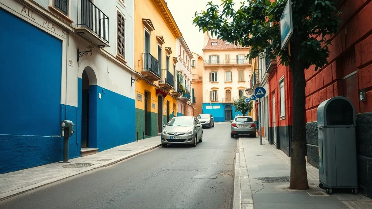 Imagen ilustrativa: plazas de aparcamiento regulado vacías en una calle de un casco urbano, con un parquímetro al fondo
