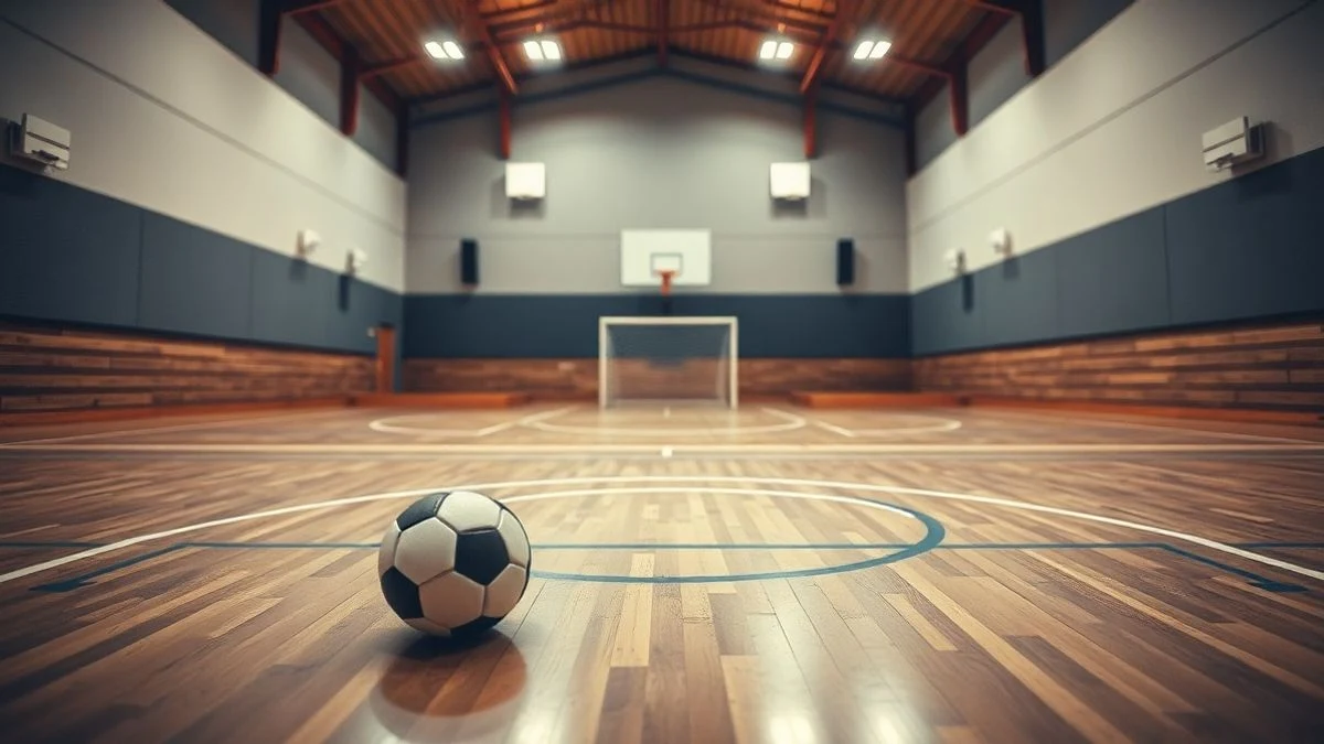 Imagen ilustrativa: pista de fútbol sala vacía con un balón en el centro y porterías al fondo.