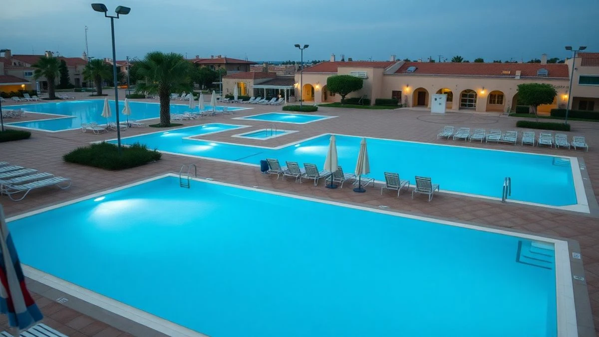 Illustrative image: outdoor municipal pools with artificial lighting at dusk, no visible people.