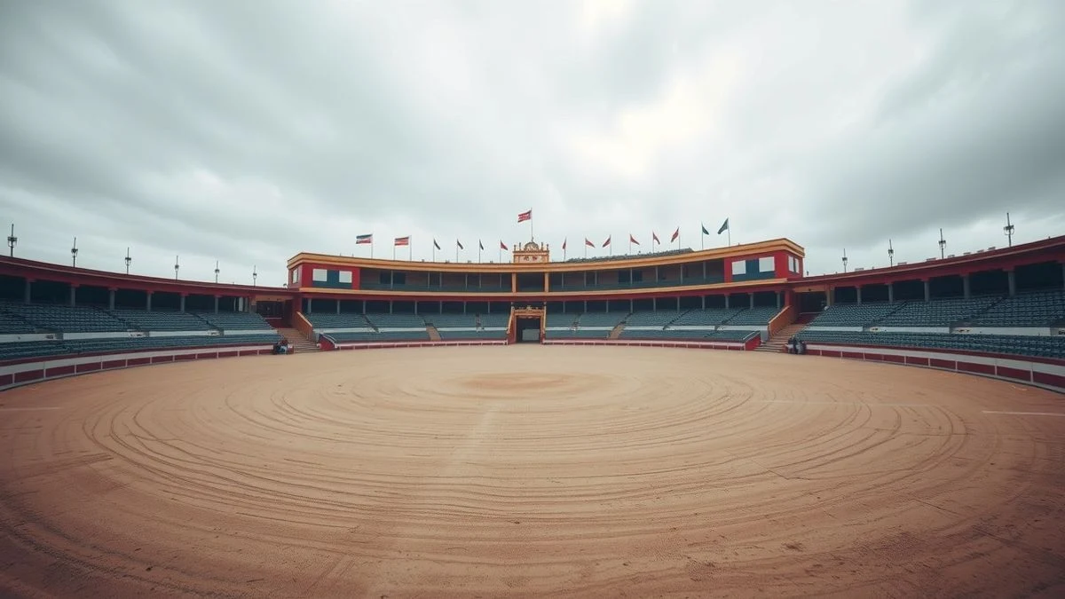 Illustrative image: an empty bullring viewed from the stands, with the arena and barriers in the foreground.
