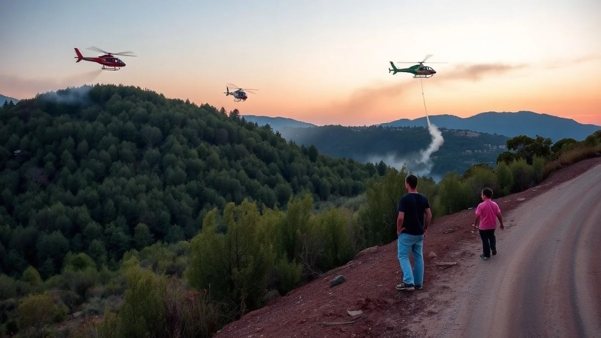 Illustrative image: a helicopter drops water on a forest slope at sunset, with a dirt track in the foreground.