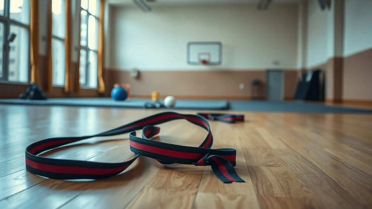 Imagen ilustrativa: una cinta y un aro de gimnasia rítmica sobre el suelo de un pabellón deportivo vacío, con luz natural entrando por las ventanas.
