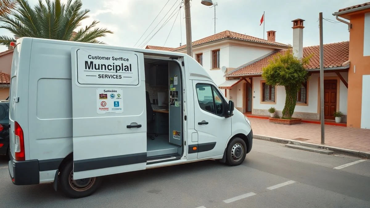 Imagen ilustrativa: una furgoneta de oficina móvil de atención al ciudadano aparcada en una calle rural de un pueblo español, con un mostrador visible en el interior.
