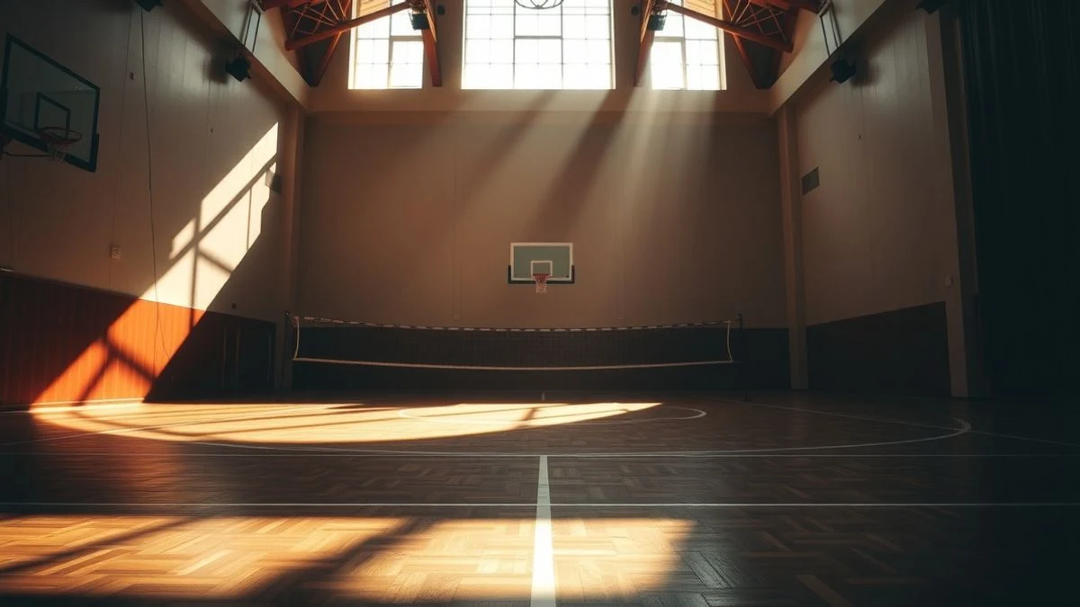 Illustrative image: an empty sports court with natural light coming through high windows
