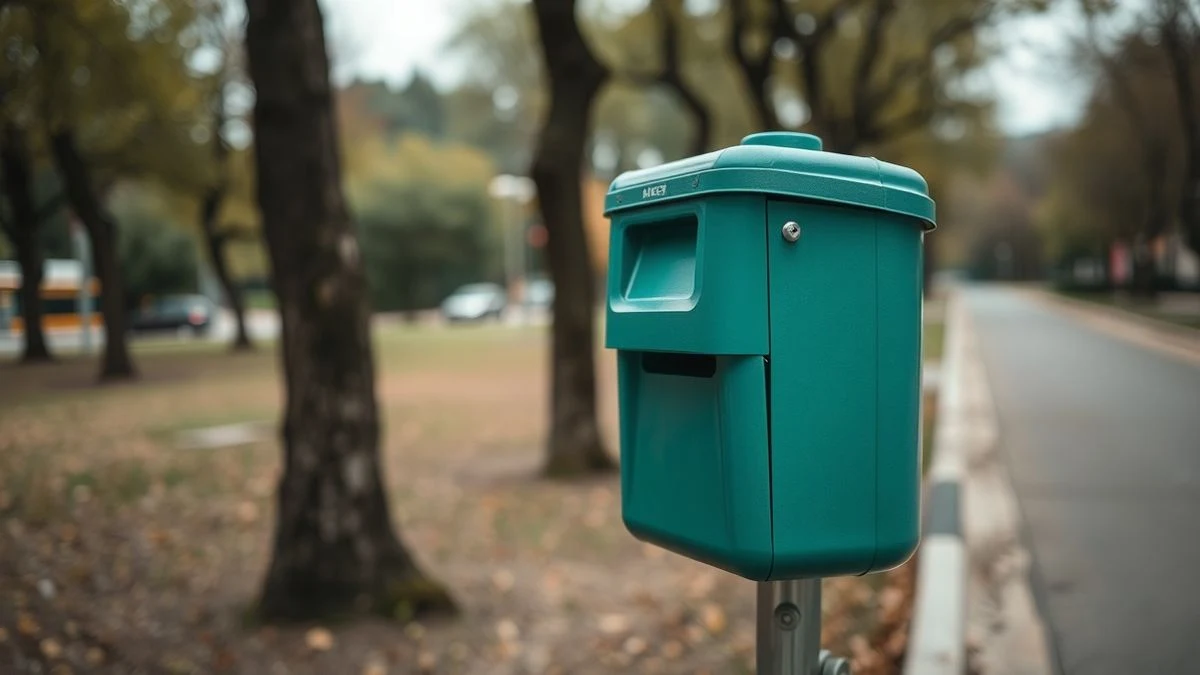 Imagen ilustrativa: dispensador de bolsas para excrementos caninos en un parque urbano, con el fondo desenfocado.