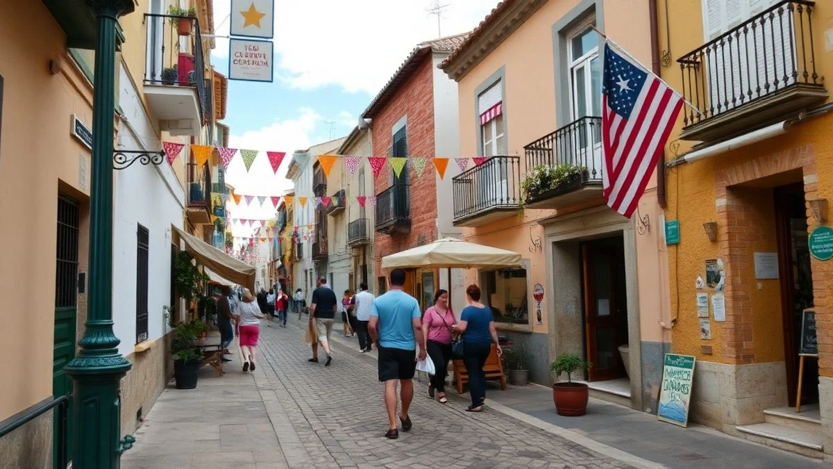 Imagen ilustrativa: calle de un pueblo español engalanada con banderines de colores y ambiente festivo de verano.