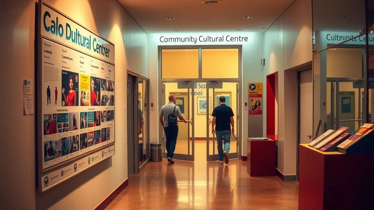 Imagen ilustrativa: interior de un centro cultural con carteles y mostrador de información