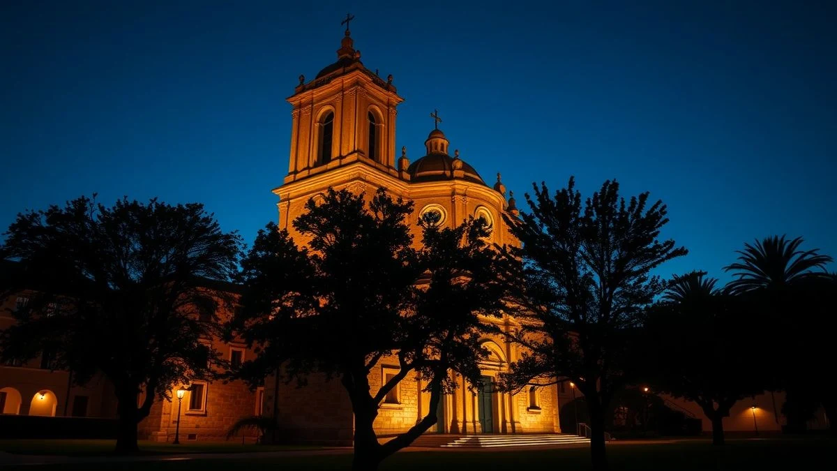 Imagen ilustrativa: torre de iglesia iluminada al atardecer con sombras alargadas en una plaza