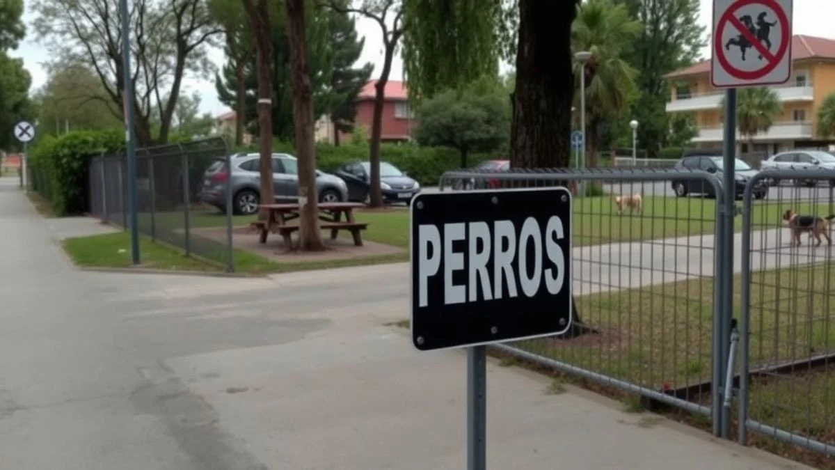 Imagen ilustrativa: un parque canino vallado con bancos y árboles, sin personas visibles.