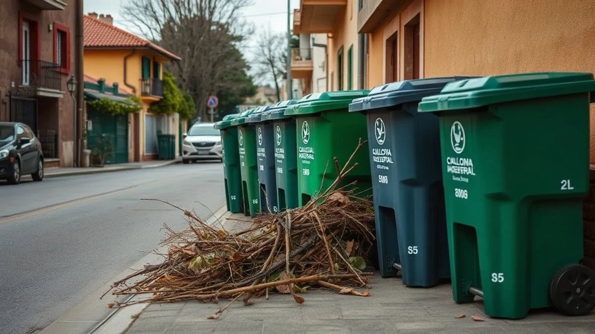 Imagen ilustrativa: contenedores de basura municipales en una calle residencial de un pueblo español, con restos de poda apilados cerca.