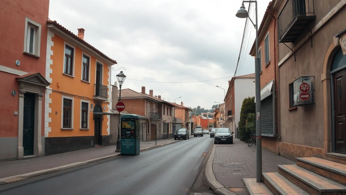 Illustrative image: quiet street in a Spanish town with a job office sign in the background.