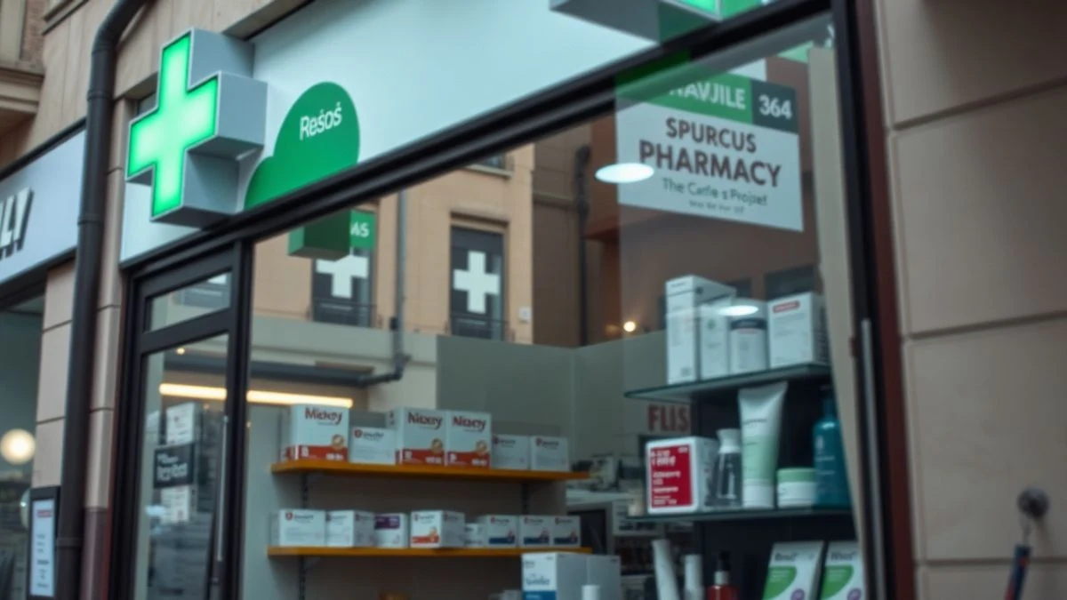 Illustrative image: facade of a generic pharmacy on a Spanish street, with a green cross and medicine display, no people or readable texts.