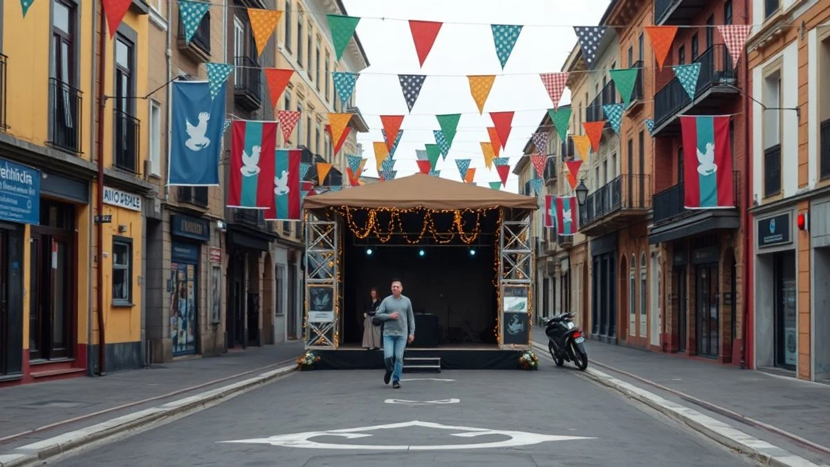Imagen ilustrativa: una calle española engalanada con banderines y un escenario montado en una plaza vacía.