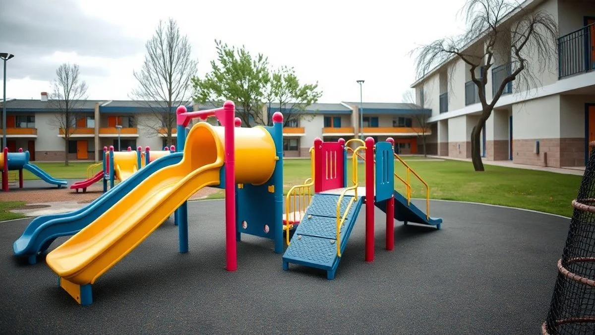 Imagen ilustrativa: patio de colegio con nuevos juegos infantiles de colores sobre suelo de caucho, con fondo desenfocado.