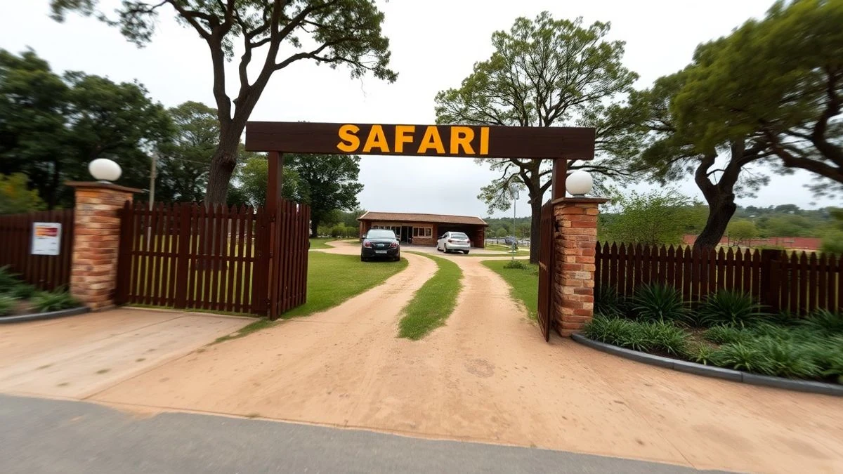Imagen ilustrativa: entrada de un parque safari con puerta de madera y taquilla, en un día nublado.