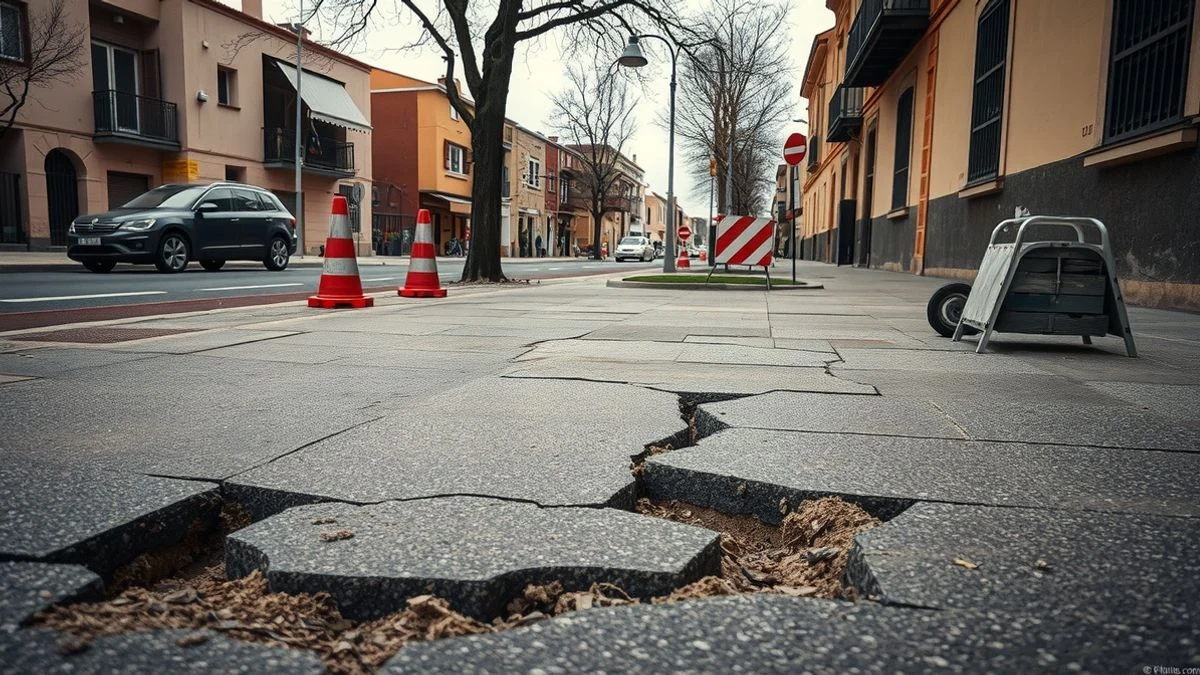 Imagen ilustrativa: acera levantada por raíces de árboles en una calle urbana con vallas de obra.